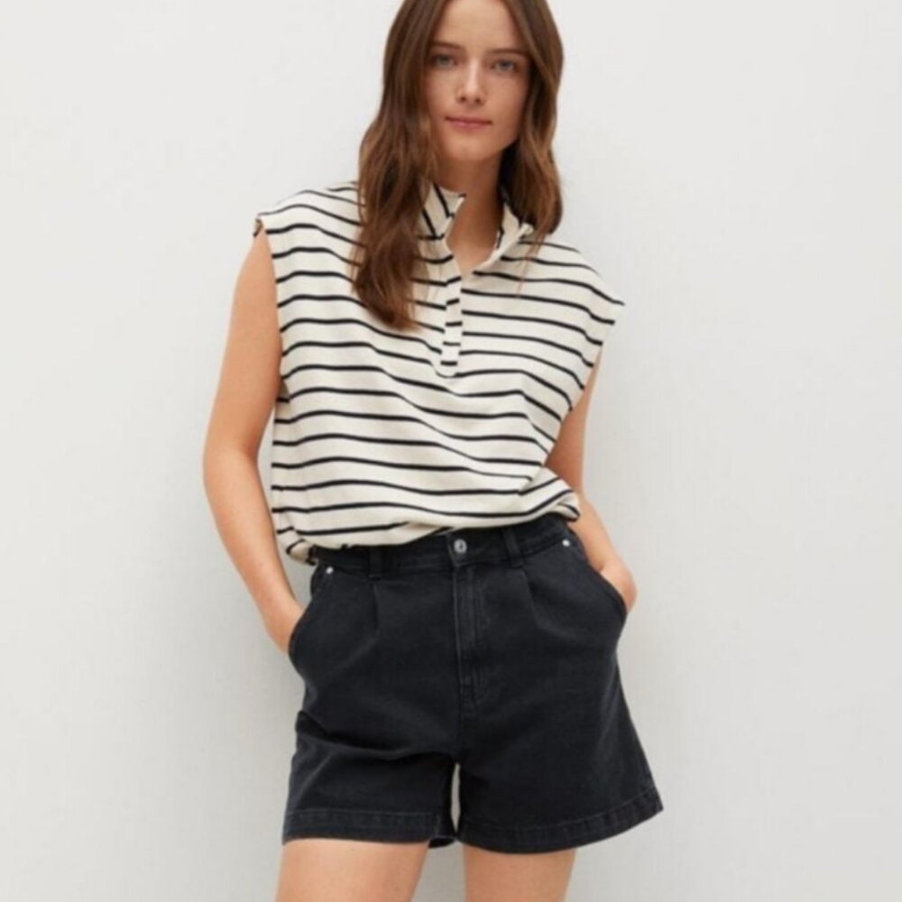 Mango Black Denim Slouchy Pleated Shorts